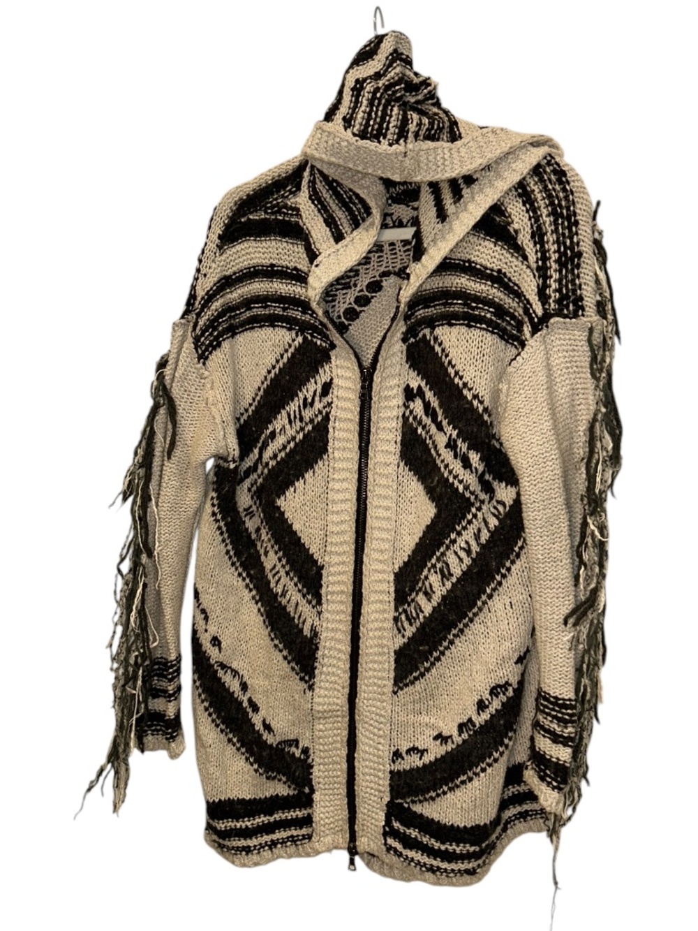 Free People bone white black fringe trim native zip up cardigan sweater jacket M